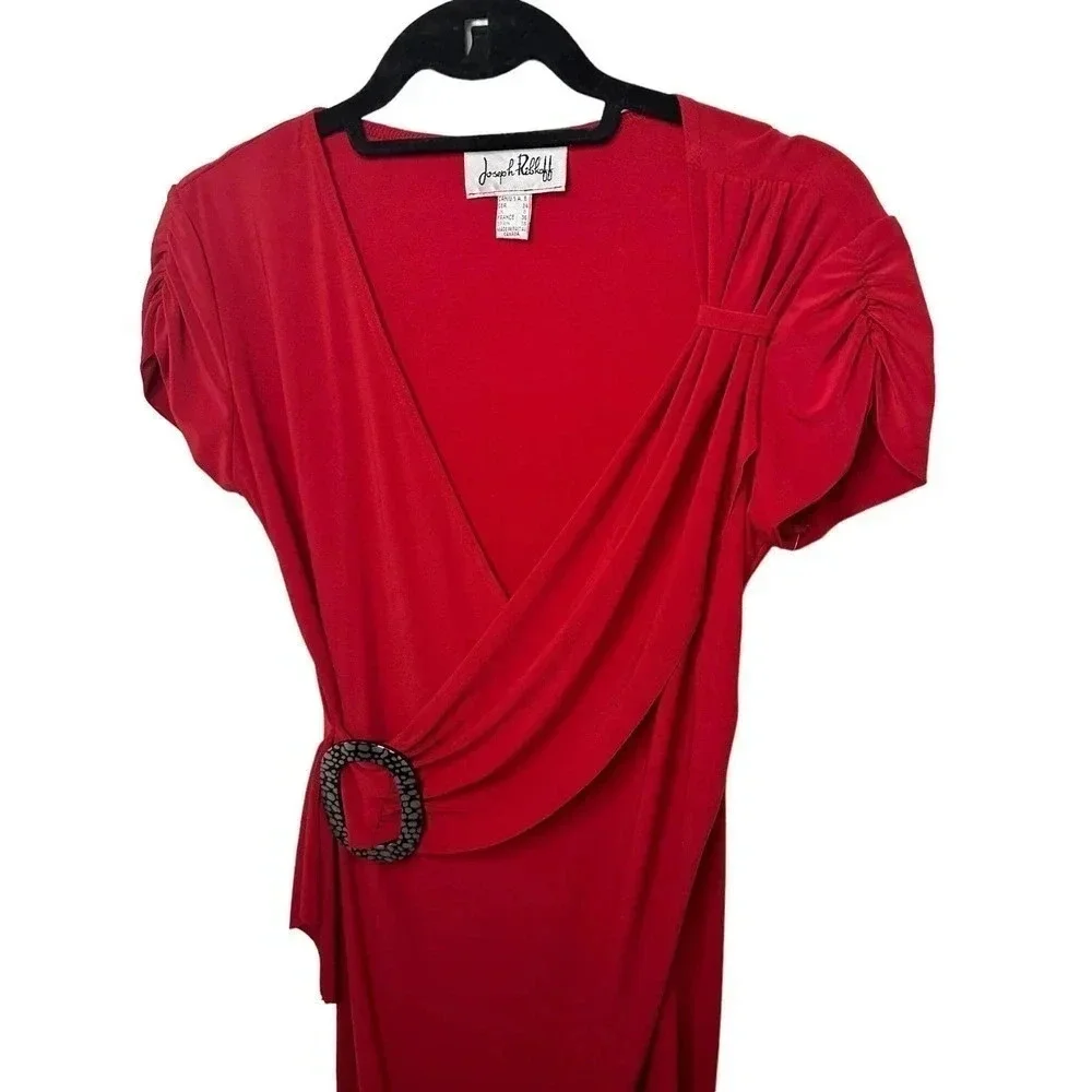 Joseph Ribkoff Solid Red Draped Faux‎ Wrap V-Neck Cocktail Dress Size 6 - Picture 2 of 5